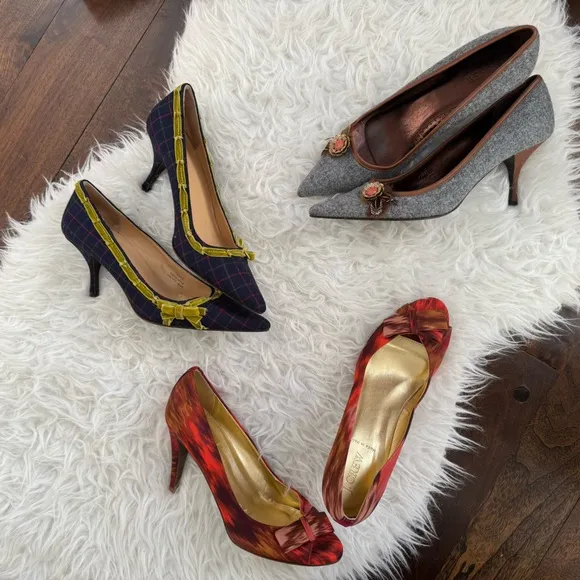 J.CREW peep toe bow heels in orange brown magenta painterly pattern Size 10 rare