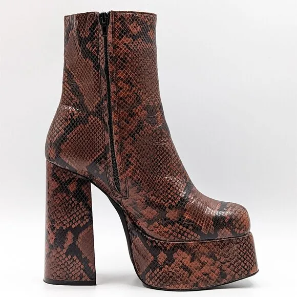 Jeffrey Campbell Women Mexique Snake Print Brown Leather Platform Boots size 10