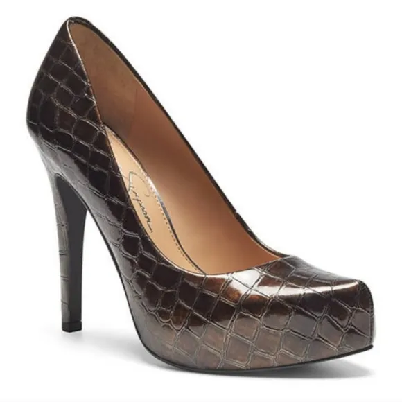 Jessica Simpson (Sz 8) Dark Brown Croc Embossed Parisah Platform Pumps NewWOBox