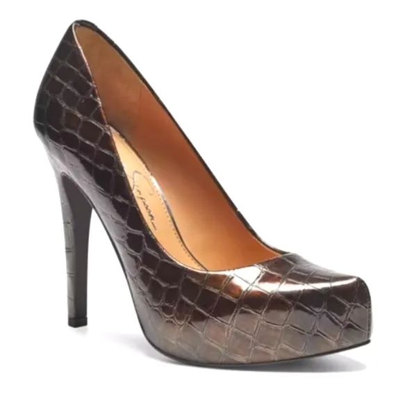 Jessica Simpson (Sz 8) Dark Brown Croc Embossed Parisah Platform Pumps NewWOBox