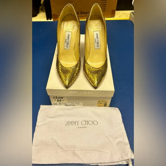 Jimmy Choo Metallic  Python Gold Women's Shoes , 6.5