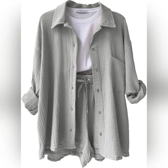 Joanna Button Up Shirt &amp; Shorts Set - Gray