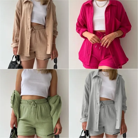 Joanna Button Up Shirt &amp; Shorts Set - Gray