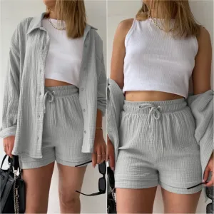 Joanna Button Up Shirt &amp; Shorts Set - Gray