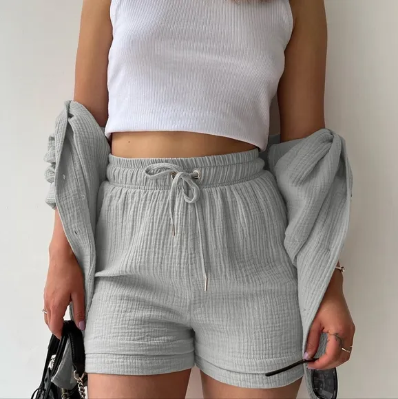 Joanna Button Up Shirt &amp; Shorts Set - Gray