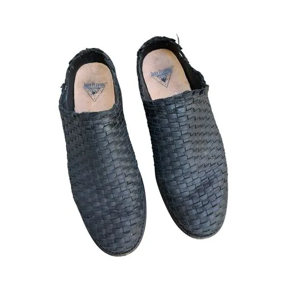 John Fluevog TULLIA Woven Black‎ Leather Slip On Mules, Size 7