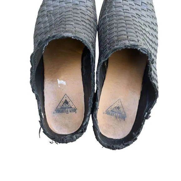 John Fluevog TULLIA Woven Black‎ Leather Slip On Mules, Size 7