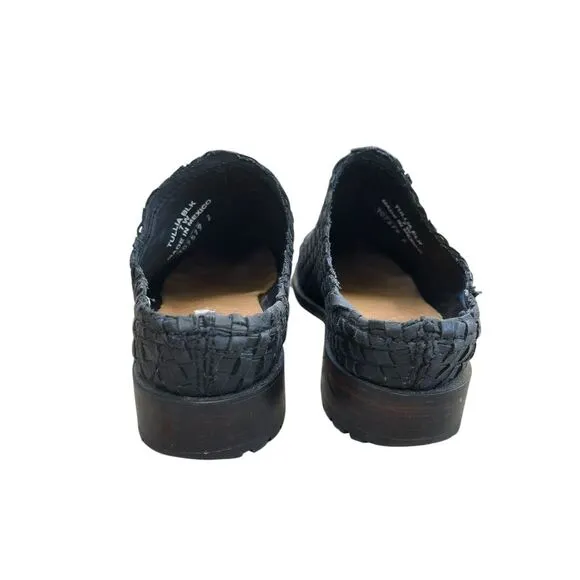 John Fluevog TULLIA Woven Black‎ Leather Slip On Mules, Size 7