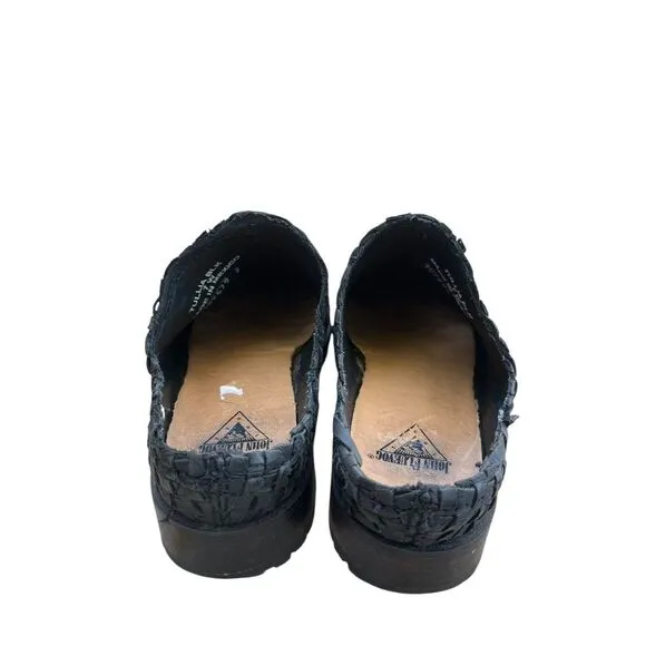 John Fluevog TULLIA Woven Black‎ Leather Slip On Mules, Size 7