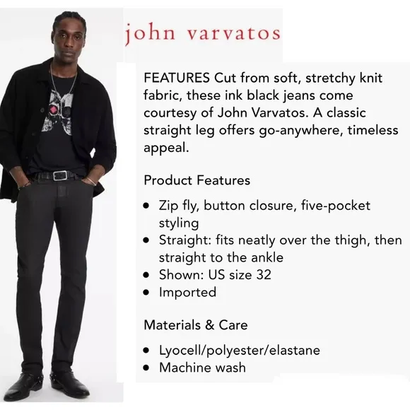 John Varvatos, 29” Waist, Men’s, Black Jeans, Straight Leg, Slim, Designer, NWT!