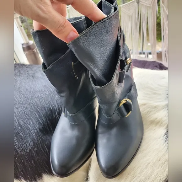Joie Black Ankle High Heel Leather Boots with Buckle Detail Sz 37.5