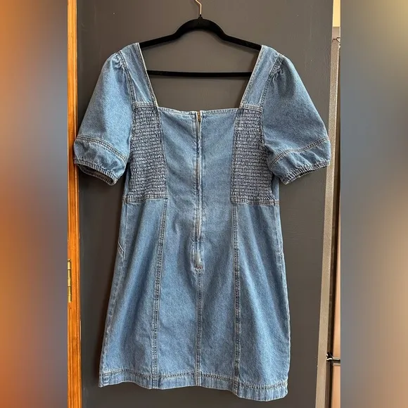 Joie Denim Puff Sleeve Mini Dress, Zip up back, seam detail, Size XL