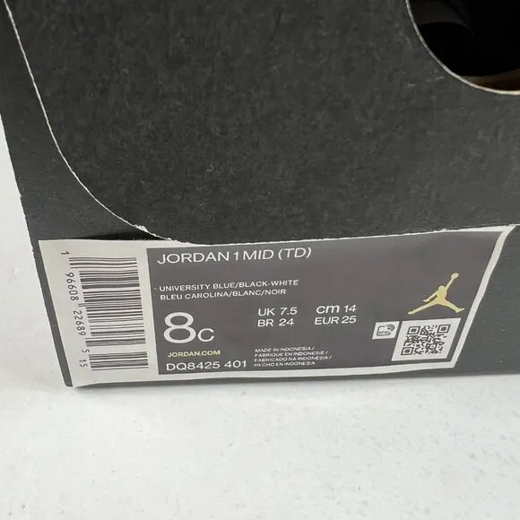 Jordan 1 Mid Top Shoes Kids Size 8c University Blue &amp; Black Sneakers DQ8425-401