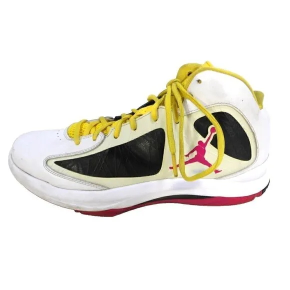 JORDAN Flywire white, red &amp; yellow high top leather sneakers men's size 12
