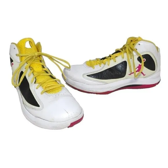 JORDAN Flywire white, red &amp; yellow high top leather sneakers men's size 12