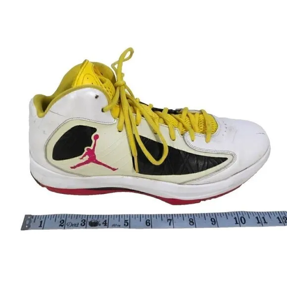 JORDAN Flywire white, red &amp; yellow high top leather sneakers men's size 12