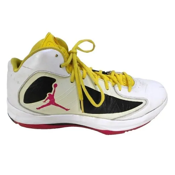 JORDAN Flywire white, red &amp; yellow high top leather sneakers men's size 12
