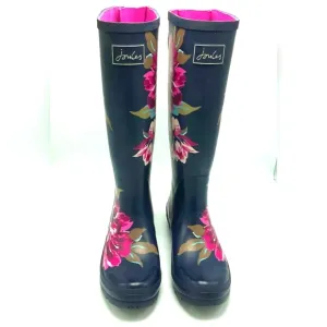 Joules US 10 Womens Tall Knee High Rain Boots Welly Navy with Pink Flower Print