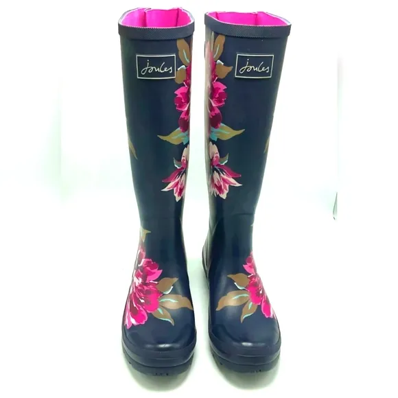 Joules US 10 Womens Tall Knee High Rain Boots Welly Navy with Pink Flower Print