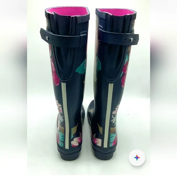 Joules US 10 Womens Tall Knee High Rain Boots Welly Navy with Pink Flower Print