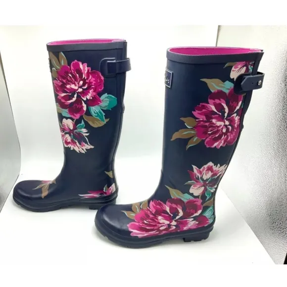 Joules US 10 Womens Tall Knee High Rain Boots Welly Navy with Pink Flower Print