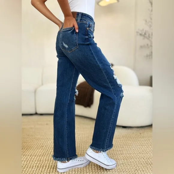 Judy Blue Stretch Mid Rise Distressed Raw Hem Jeans​