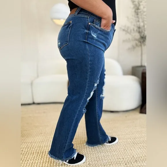 Judy Blue Stretch Mid Rise Distressed Raw Hem Jeans​