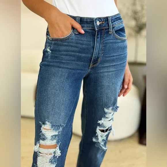Judy Blue Stretch Mid Rise Distressed Raw Hem Jeans​