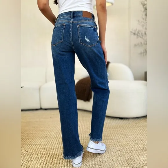 Judy Blue Stretch Mid Rise Distressed Raw Hem Jeans​