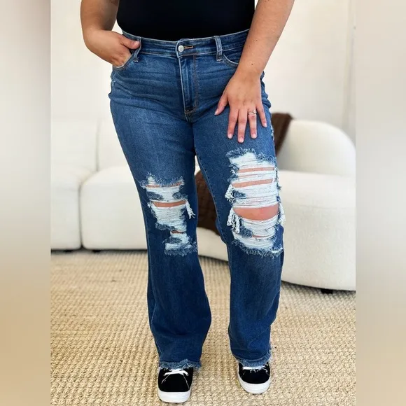 Judy Blue Stretch Mid Rise Distressed Raw Hem Jeans​