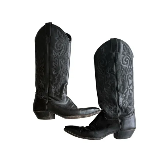 Justin BUCK 13&quot; WESTERN Black Leather Heeled Boots Size 8.5