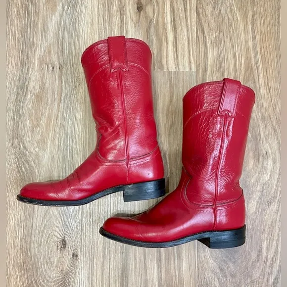 Justin L3055 Red Leather Cowgirl Western Roper Boots Mid Calf Round Size 4.5 EUC