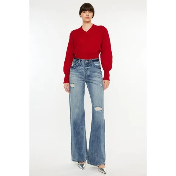 KanCan Distressed High Waist Zipper Fly Medium Wash Bootcut Jeans