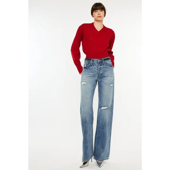 KanCan Distressed High Waist Zipper Fly Medium Wash Bootcut Jeans