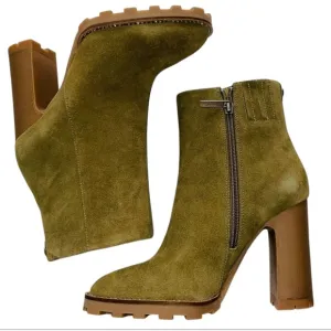 KARL LAGERFELD PARIS BOOTIES STYLE PEPPY ZIP-UP GREEN OLIVE COW SUEDE SIZE 10 M