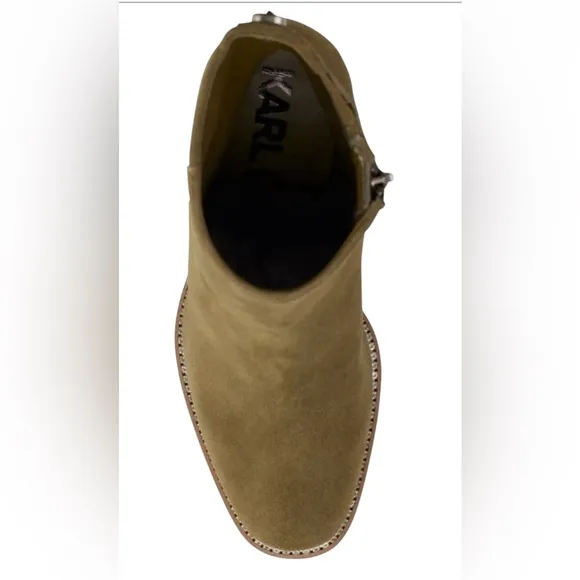 KARL LAGERFELD PARIS BOOTIES STYLE PEPPY ZIP-UP GREEN OLIVE COW SUEDE SIZE 10 M
