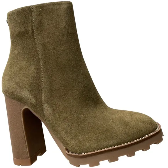 KARL LAGERFELD PARIS BOOTIES STYLE PEPPY ZIP-UP GREEN OLIVE COW SUEDE SIZE 10 M