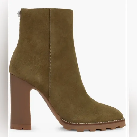 KARL LAGERFELD PARIS BOOTIES STYLE PEPPY ZIP-UP GREEN OLIVE COW SUEDE SIZE 10 M