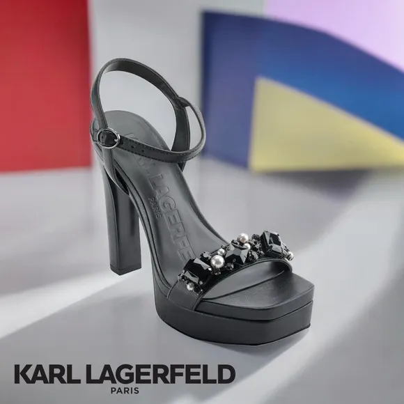 Karl Lagerfeld Paris JALA Jewel Embellished Black Platform Sandals NWT