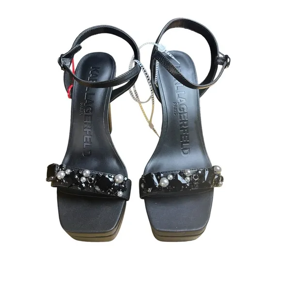 Karl Lagerfeld Paris JALA Jewel Embellished Black Platform Sandals NWT