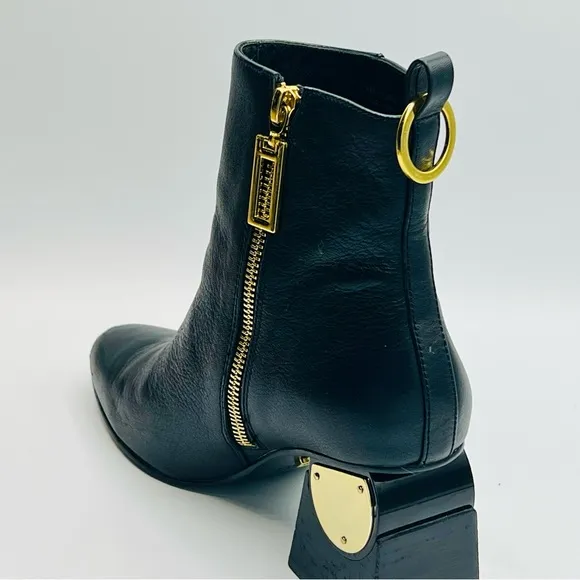 KAT MACONIE Black Leather Ankle Boots W/Gold Accent 3” Heel US6/EU37/