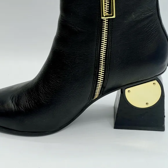 KAT MACONIE Black Leather Ankle Boots W/Gold Accent 3” Heel US6/EU37/