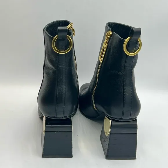 KAT MACONIE Black Leather Ankle Boots W/Gold Accent 3” Heel US6/EU37/