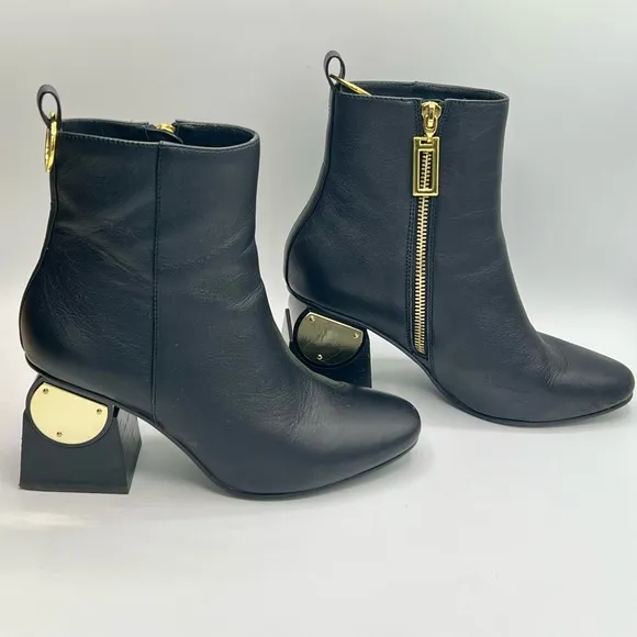 KAT MACONIE Black Leather Ankle Boots W/Gold Accent 3” Heel US6/EU37/