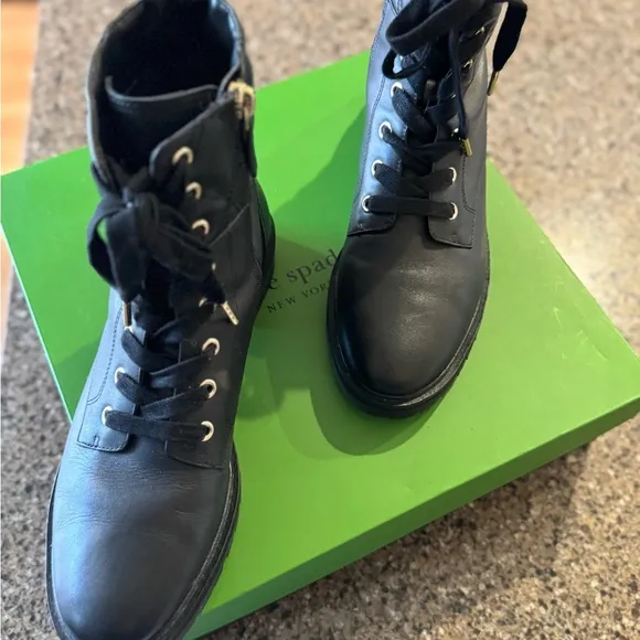 Kate Spade Billie Boot - Black Combat Moto Boots with Lace-Up Design - Size 9