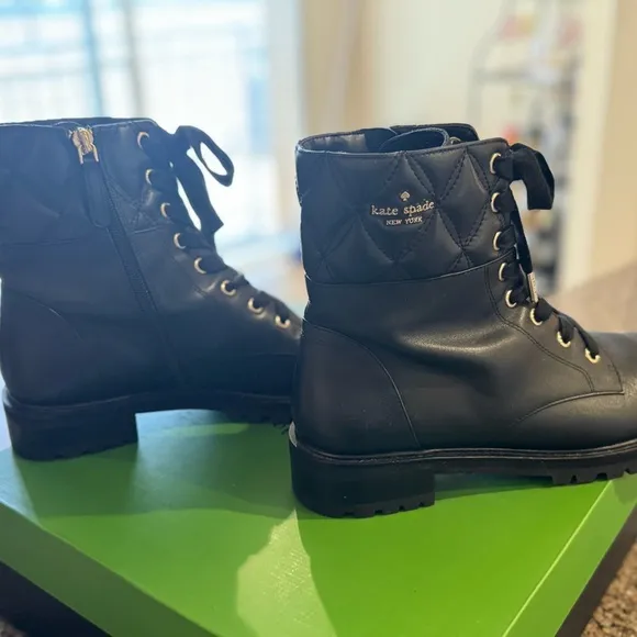 Kate Spade Billie Boot - Black Combat Moto Boots with Lace-Up Design - Size 9