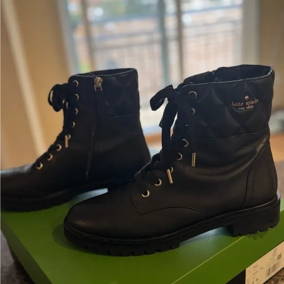 Kate Spade Billie Boot - Black Combat Moto Boots with Lace-Up Design - Size 9