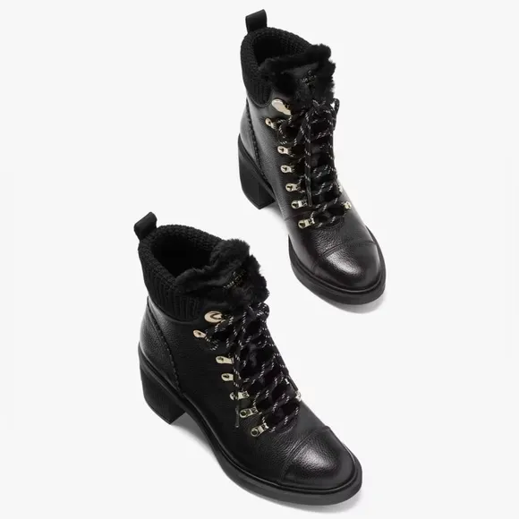 Kate Spade Walker Booties (Sz 8.5) Black Leather Heeled Lace Up Boots NEW