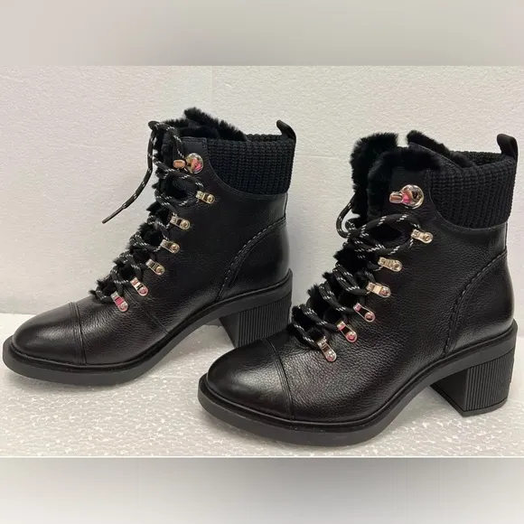 Kate Spade Walker Booties (Sz 8.5) Black Leather Heeled Lace Up Boots NEW