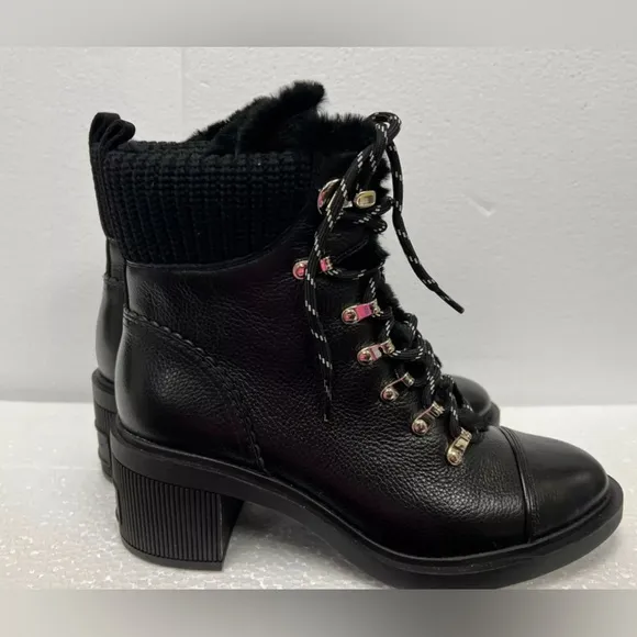 Kate Spade Walker Booties (Sz 8.5) Black Leather Heeled Lace Up Boots NEW